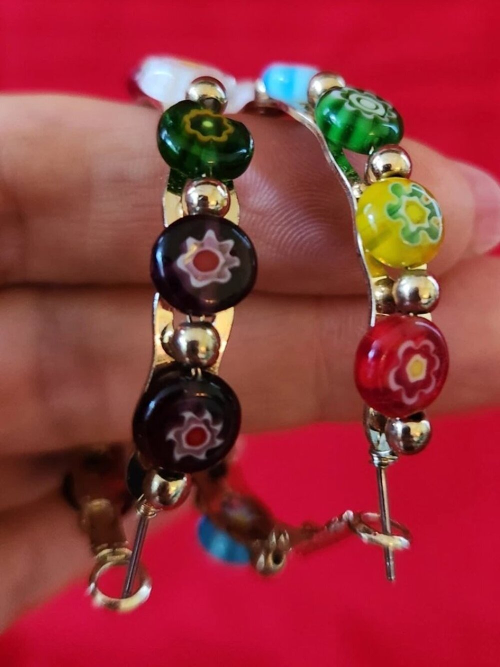 Millefiori Style Beaded Round 2" Hoop Post Earrings Multi-Colored Gold Tone Bold